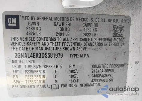 2013 Chevrolet Captiva Sport Ltz from USA, damaged, VIN 3GNAL4EK3DS581979